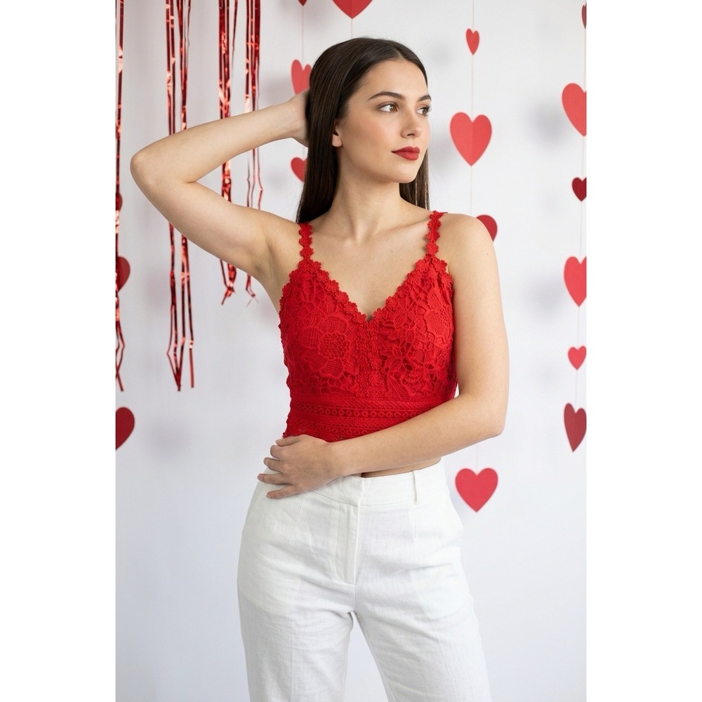ChicMe Red Floral Lace Crochet Crop Top Smocked Back Size XL Coquette Romantic